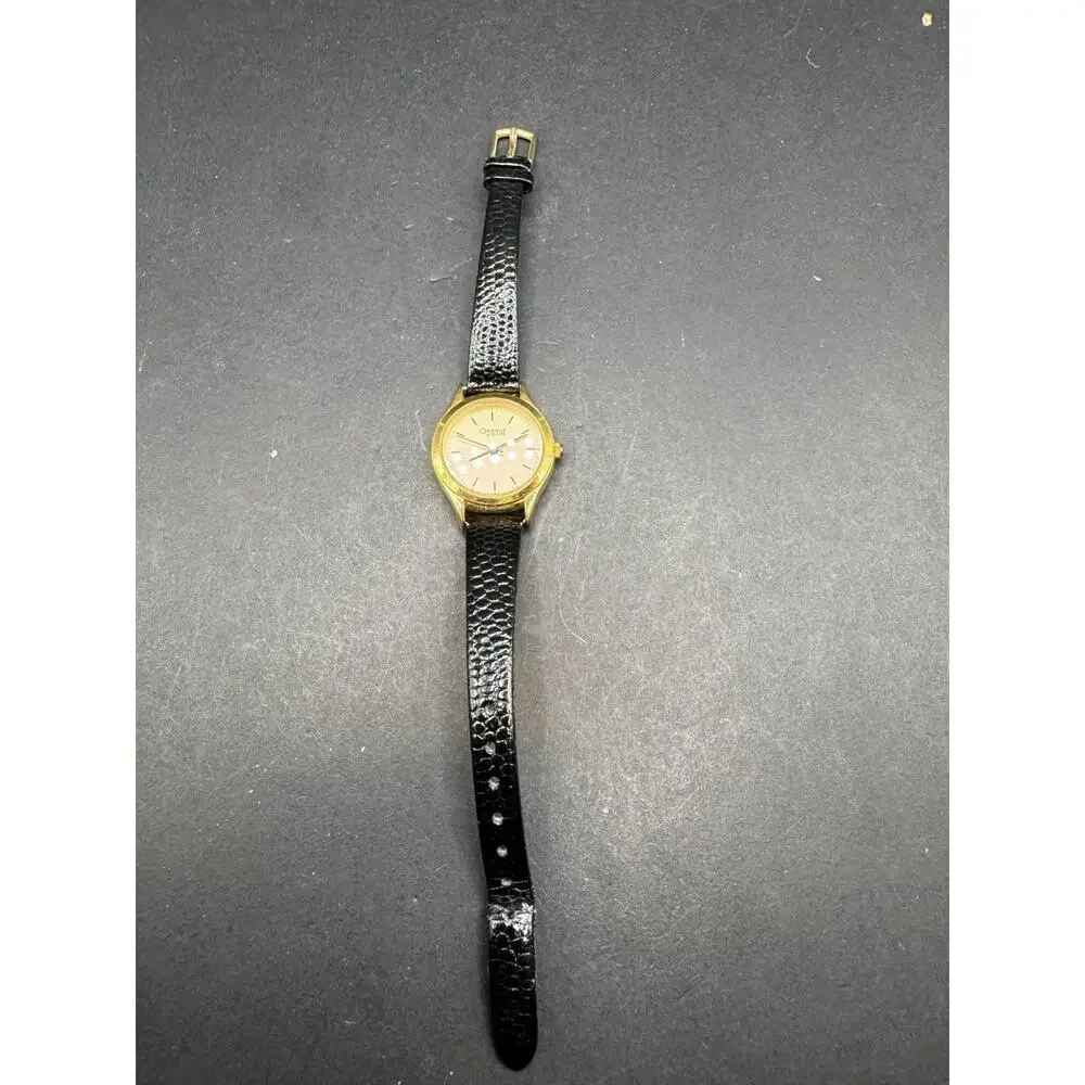 Caravelle by Bulova 48J83 Gold Tone Genuine Black Leather Strap Watch WR